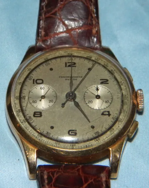 Cronografo in oro rosa 18k orologio vintage uomo carica manuale cinturino pelle 3