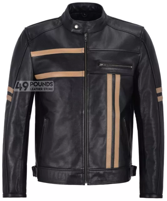 Mens Cafe Racer Biker Leather Jacket Black Cowhide Retro Motorcycle Style Jacket