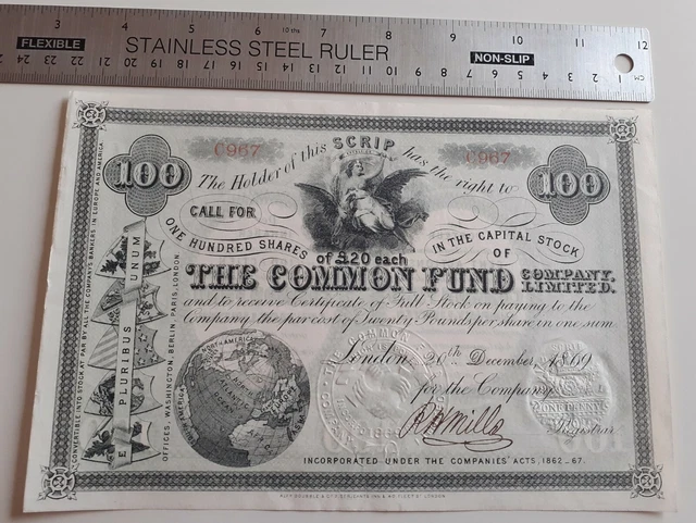 The Common Fund Company Limited Stock Certificate London 1869 100 shares £20