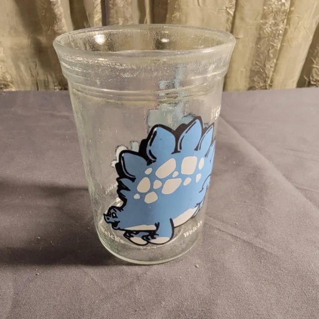1988 Welch's Jelly Jar Stegosaurus Blue Dinosaur Juice Glass 4” Tall Vintage