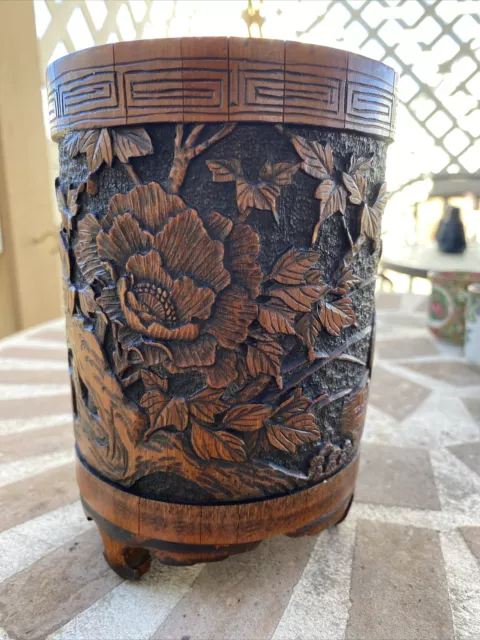 Chinese Carved  Bamboo Wood Brush Pot 19th Century Peonies And Birds Marked