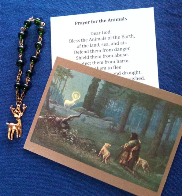 Prayer Beads Rosary St Hubert Gold Deer Animals Hunter Holy Card Chaplet #1