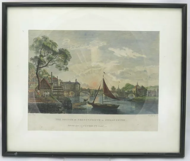 Gerahmte farbige antike Gravur ""Die Brücke bei Bridgenorth in Shropshire"" 1776