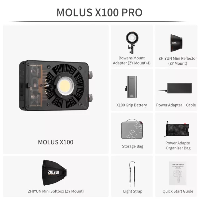 Zhiyun Molus X100 Pro 100W LED Video Light with Grip Battery Softbox ZY Adapter 2
