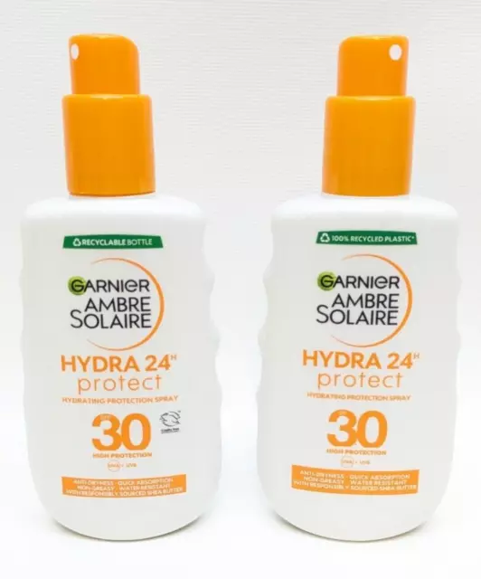 2x Garnier Ambre Solaire SPF 30 Sun Tan Protection Spray - 24h Hydration - 200ml