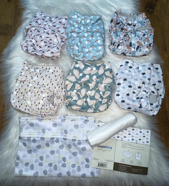 Simple Being Reusable 6 Diapers 6 Liners 1 Wetbag Washable Adjustable Cloth Baby