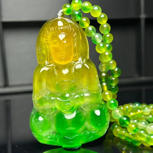 Certified Natural ice Green jade Jadeite Carved Avalokitesvara Pendant&Necklaces