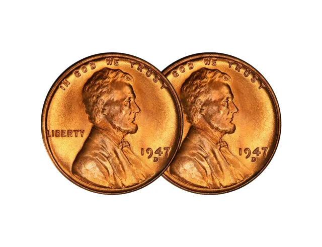 (2) 1947 D Lincoln Wheat Cent Choice BU 1c Brilliant Uncirculated - 2 Coin Set