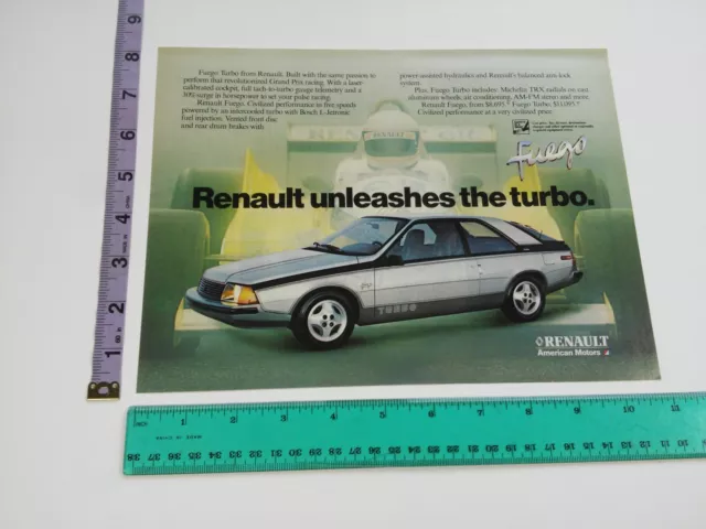 1-page Vintage Clipping- car / racecar photo Renault Fuego Turbo Print Ad 80's