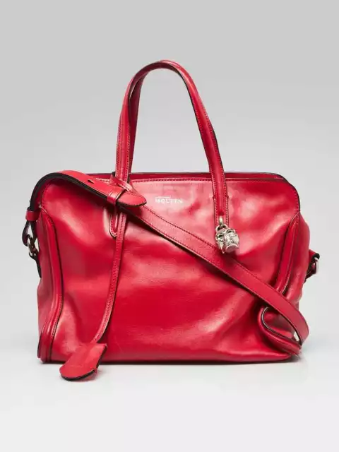 Alexander McQueen Red Calfskin Leather Small Skull Padlock Zip Tote Bag