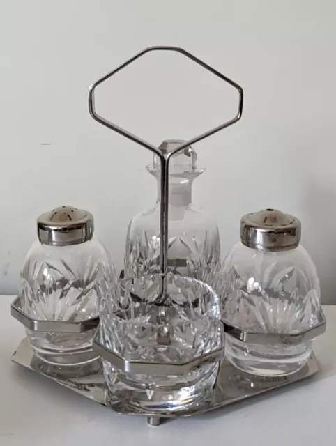 1960s VINTAGE 4 Piece glass cruet set on chrome carrying stand.