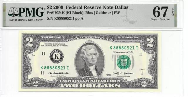 2009 Dallas $2 FRN Lucky Money KI Block PMG 67 EPQ Superb Gem Unc. (K8888xxxxI)