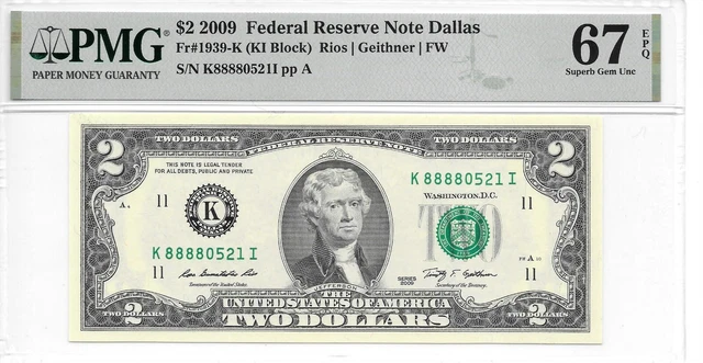 2009 Dallas $2 FRN Lucky Money KI Block PMG 67 EPQ Superb Gem Unc. (K8888xxxxI)