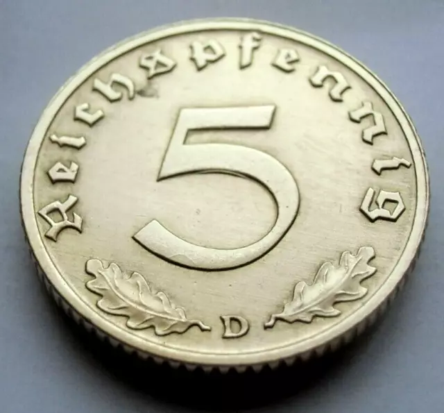(271)GERMAN 3rd REICH 1938 D  -  5  REICHSPFENNIG WWII COIN