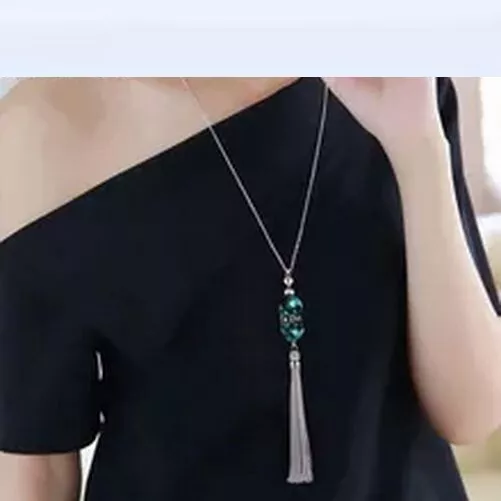 Crystal Charm Necklace Tassel Pendant Long Chains Silver Color Women Necklaces