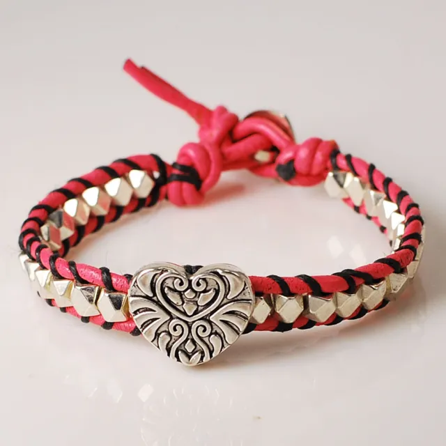 Pink Leather and Pewter Heart Bracelet with Silver Brass Beads 7" FREE SHIPPING