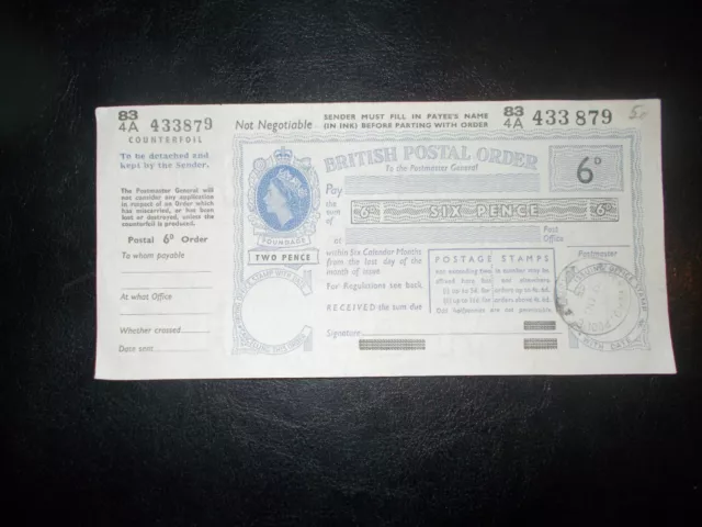 British postal order - QEII,  6d + c'foil, Alder Road, Poole, Dorset, 19/10/1965