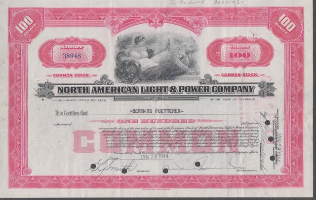 North American Light & Power stock certificate 1944 100 shares