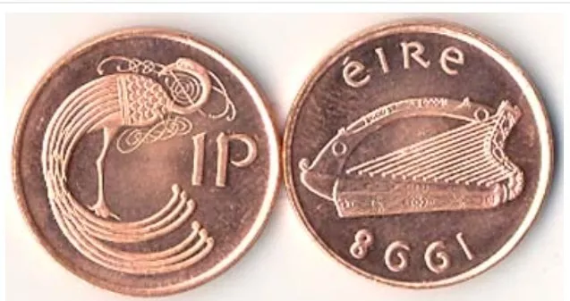 Lot Of 25: Ireland Eire 1 Penny 1998. UNC One Cent coin. Irish Harp. Bird.