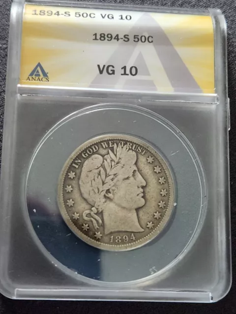 1894-s Barber Silver Half Dollar ANACS VG-10