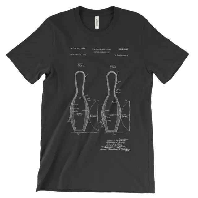Bowling Pin Patent T-Shirt.100% Cotton Comfy Tee on Black White or Gray. NEW