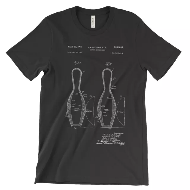 Bowling Pin Patent T-Shirt.100% Cotton Comfy Tee on Black White or Gray. NEW