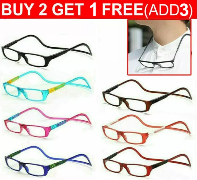 +1.0~+4.0 Folding Magnetic Reading Glasses Snap Click Front Neck Hanging Glasses