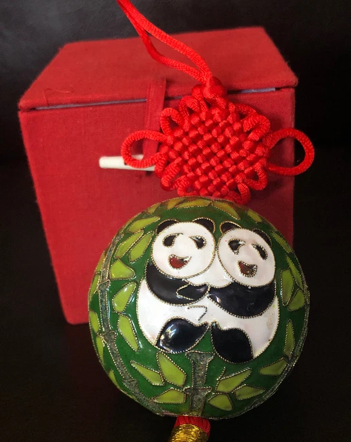 Panda Bear’s Hugging Chinese Cloisonne Red Tassel Ornament Unique With Box