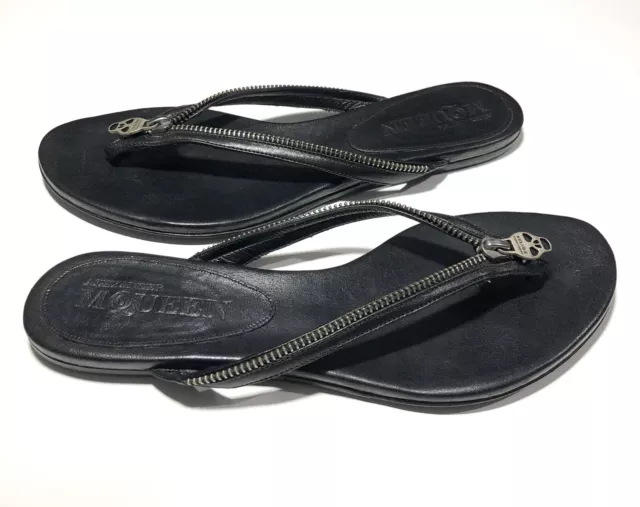 Alexander McQueen Skull Zip Thong Leather Sandals SZ 41 / 11 Black Made in Italy 2