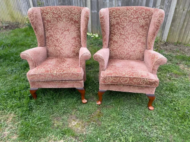 Pair of Parker Knoll Wingback Chairs, Pink Flower Velvet?, Model PK 720MK3