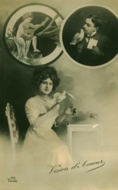Carte postale fantaisie ancienne vision d'amour 1908