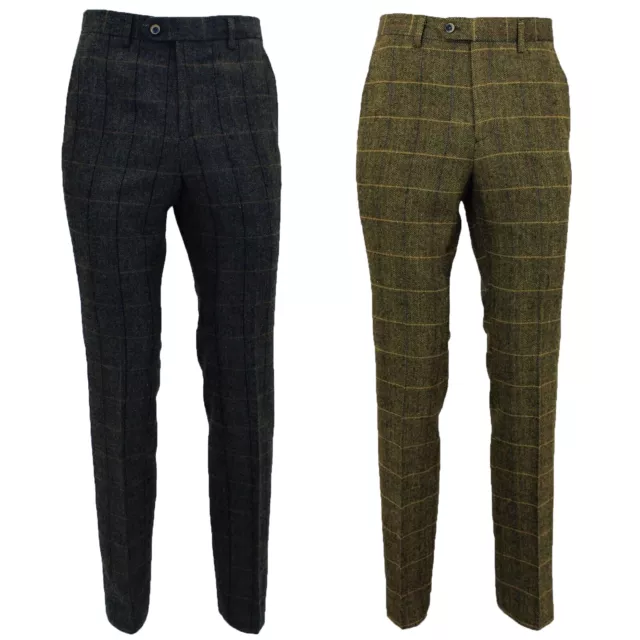 Mens Vintage Tweed Check Herringbone Peaky Blinders Trousers Suit Wool Slim Fit