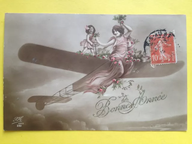 FANTAISIE 1914 Femme enfant Aviatrice AVION AIRPLANE Bonne Année Happy New Year