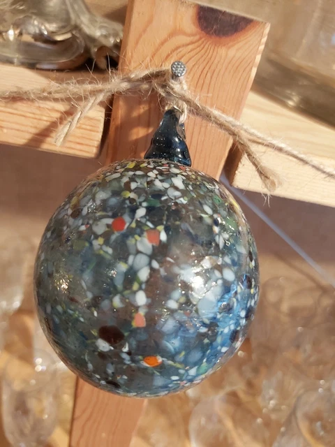 Boule De Noël En Verre De Murano - Unique, Fait Main, 5cm, Vert Et Argent