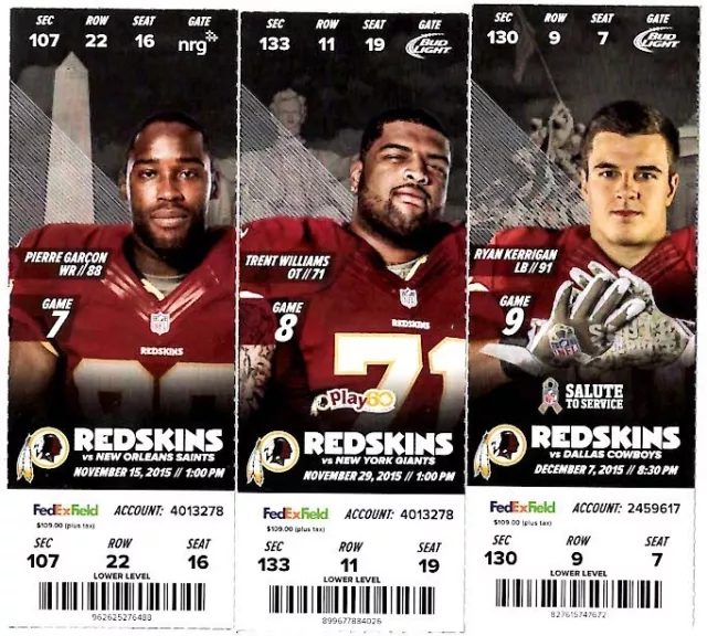 WASHINGTON REDSKINS ~ Lot of 2015 Tickets with Player Photos 2