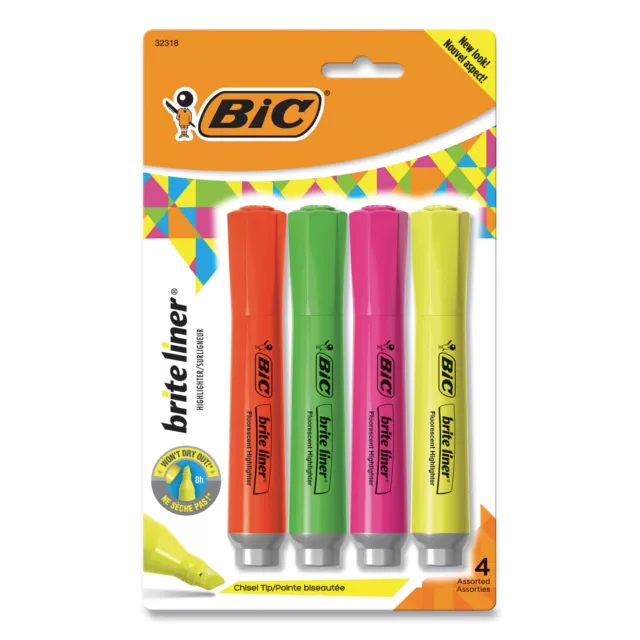 Bic Brite Liner Grip XL Highlighter Chisel Tip Fluorescent 4/Set BLMGP41ASST