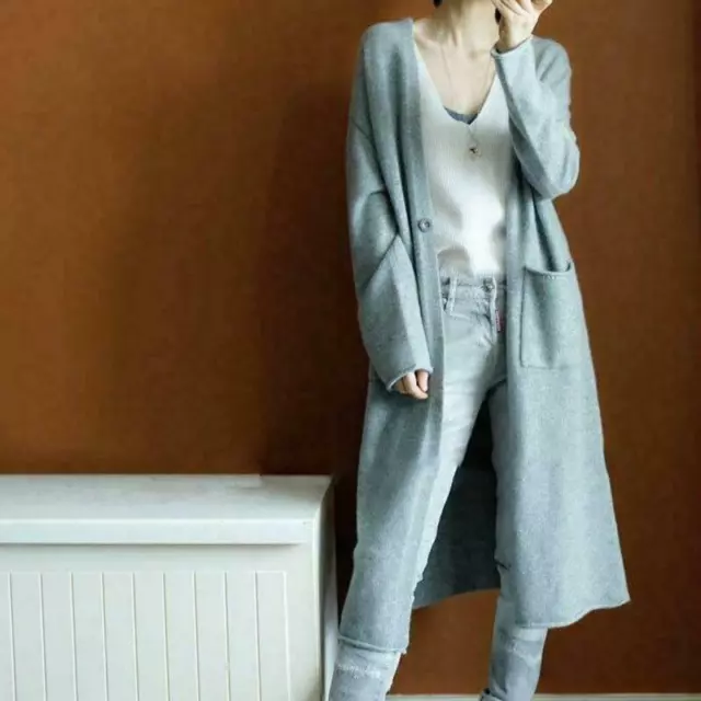 Womens Autumn Cashmere Cardigan Long Sweater With Pockets Loose S-XXL Coat