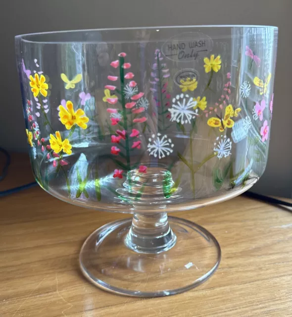 Trifle Serving Pedestal Bowl/ Spring Flower Theme/ Crystal Glass