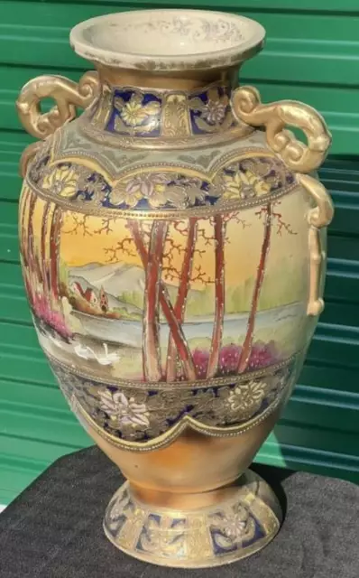 Huge 19"X12" Beautiful Old Vintage Japanese Satsuma Vase With Landscape Scene