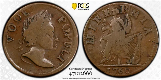 1760 1/2P Voce Populi Vooe Pcgs F15 1760 Hibernia Half Penny Colonial Coin