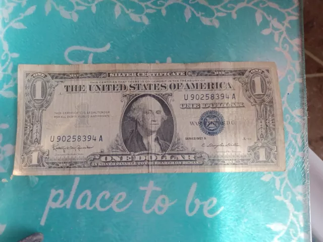 1957 One Dollar Blue Seal Series B note silver certificate  old  U .S. Bill $1