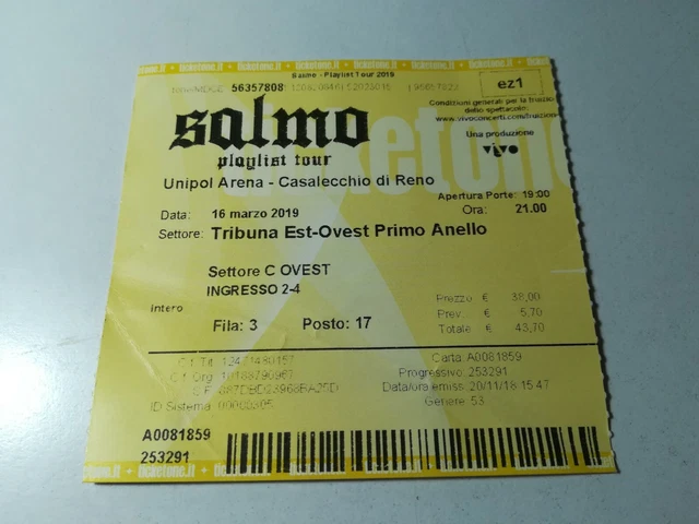 BIGLIETTO SALMO PLAYLIST TOUR 2019 Unipol Arena Casalecchio di Reno collezione