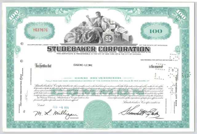 1964 Studebaker Corporation 100 Shares Common Stock Certificate