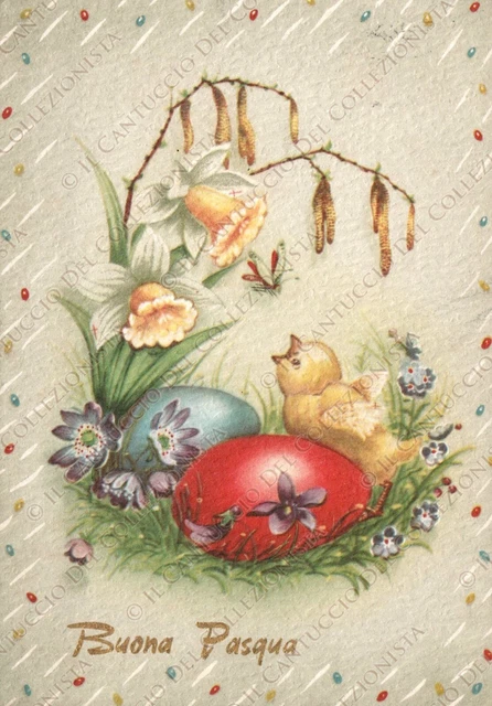 1966 Buona Pasqua pulcino fiori uova Ruvida Cartolina augurale