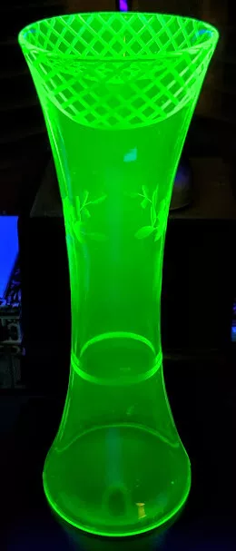 Harrach Vaseline Glass Fine 12" Tall Hand Blown Rare Unique Etched Vase Tall
