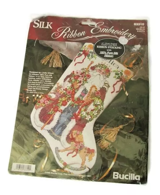 Bucilla Navidad Viejo Mundo Santa 83310 cinta de seda kit de bordado medias