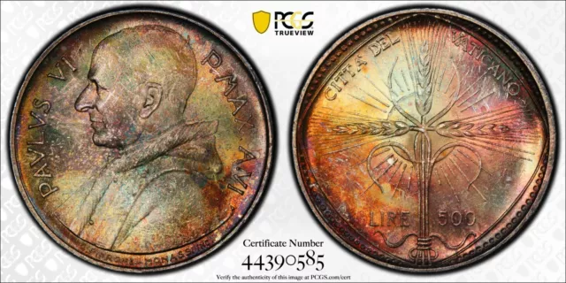 Vatican City 1968 Silver 500 Lire F.A.O. KM-107 PCGS MS66 Rainbow Color Toned