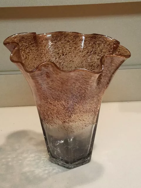 Vintage Tall Murano Crackle Art Glass Hand Blown Glass Vase w/ Brown Speckles