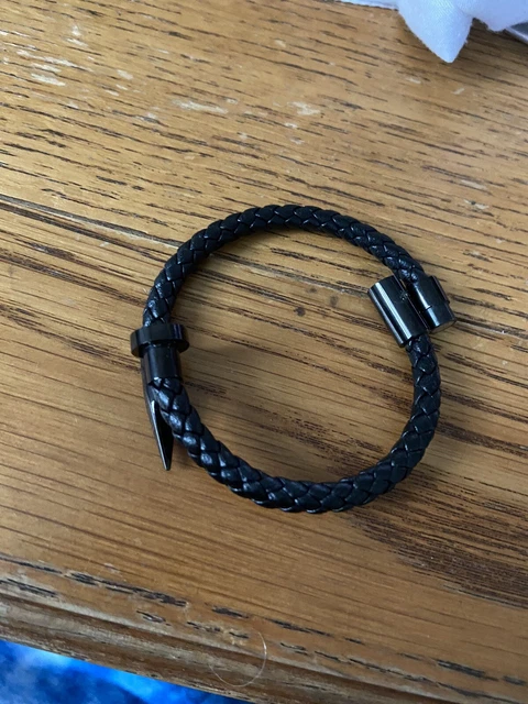 Men's Women's Silver Nail Black Braided Genuine Leather Bracelet / Bangle 7.5-9"