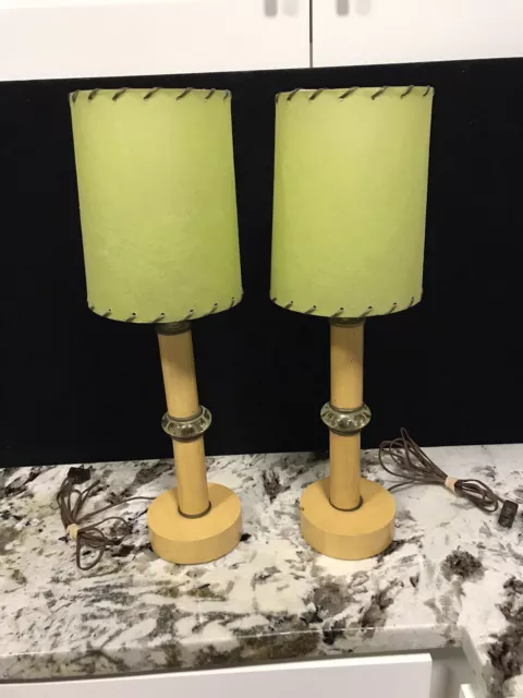 Pair of Mid Century Modern Wood Lamps W/Lucite Rings & Fiberglass Shades